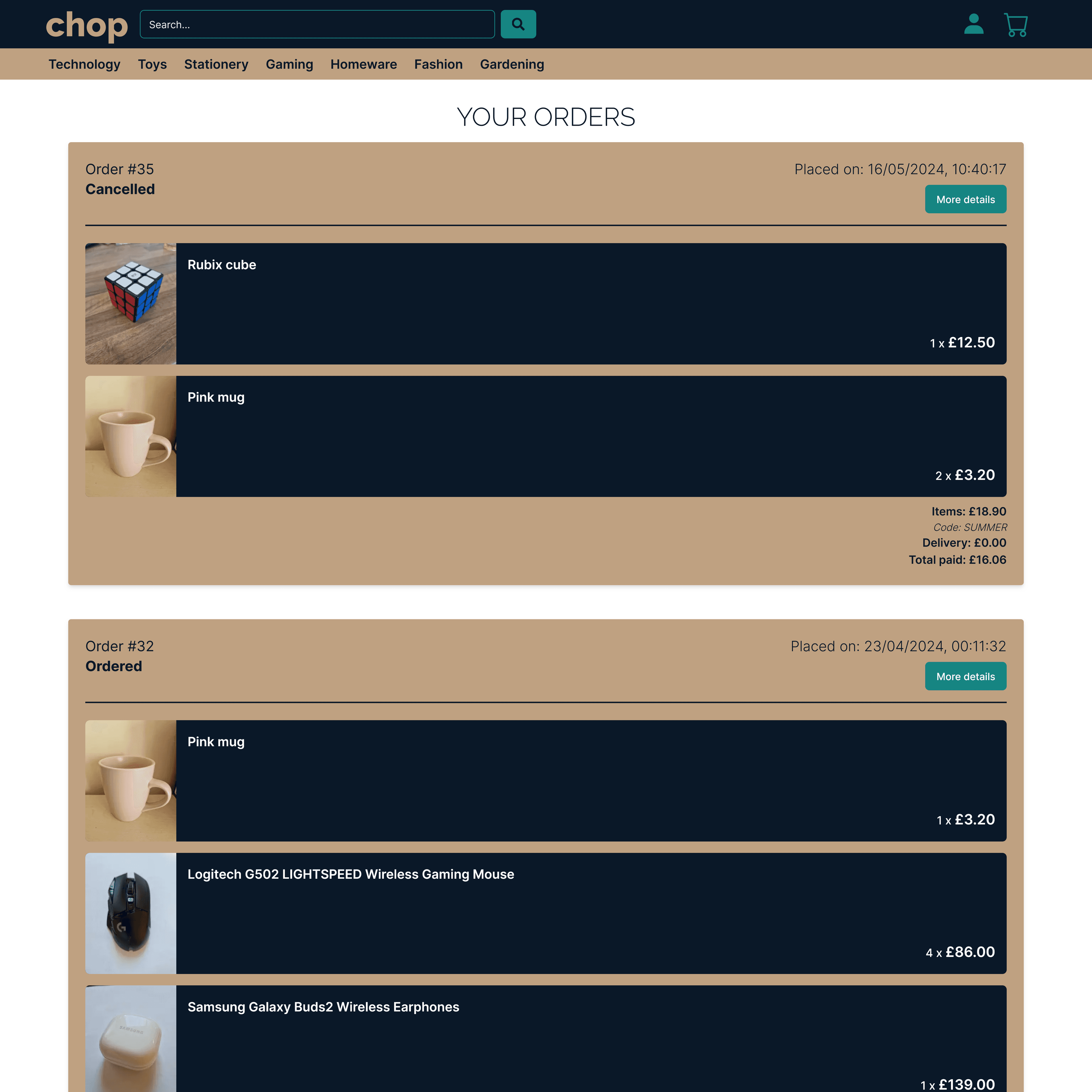 Orders page